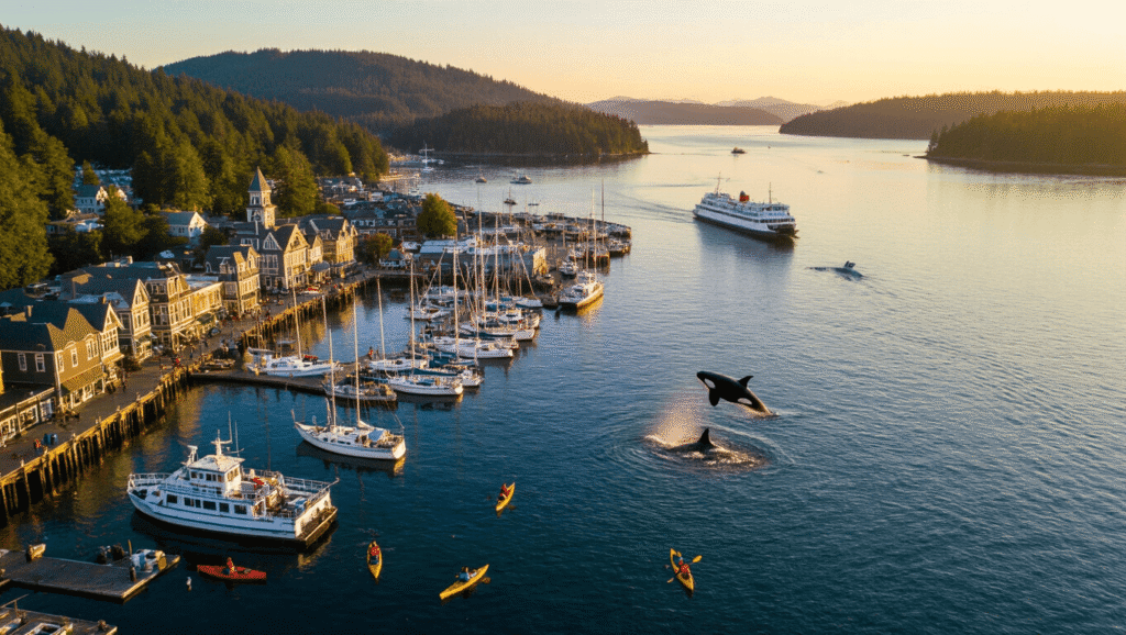 Escape the Ordinary: Uncover the Hidden Gem of Friday Harbor, Washington "Aerial view of Friday Harbor's marina filled with boats at sunset, Victorian buildings along the waterfront, kayakers near docks, an orca breaching in the Salish Sea, surrounded by forested hills and the San Juan Islands"