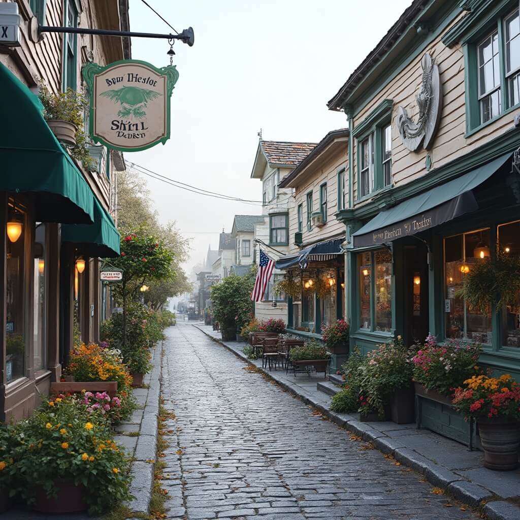 Escape the Ordinary: Uncover the Hidden Gem of Friday Harbor, Washington Victorian-style buildings and quaint local shops with flower boxes on a charming small town street in Friday Harbor, with cobblestone sidewalks under soft natural lighting, capturing the atmosphere of a Pacific Northwest coastal town, devoid of people.