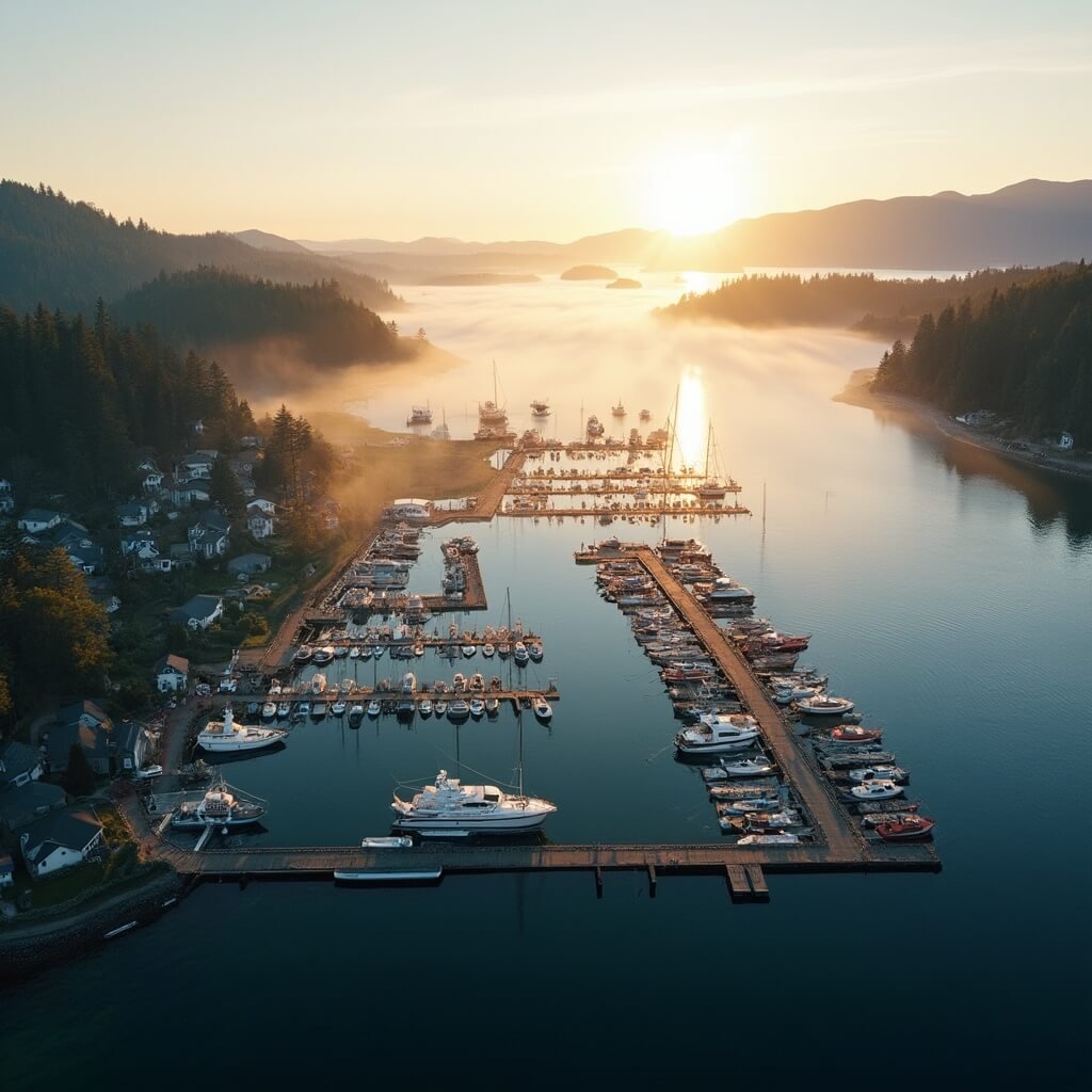 Aerial view of Friday Harbor marina at sunrise with misty waters, wooden docks, colorful boats, and pine-covered hills