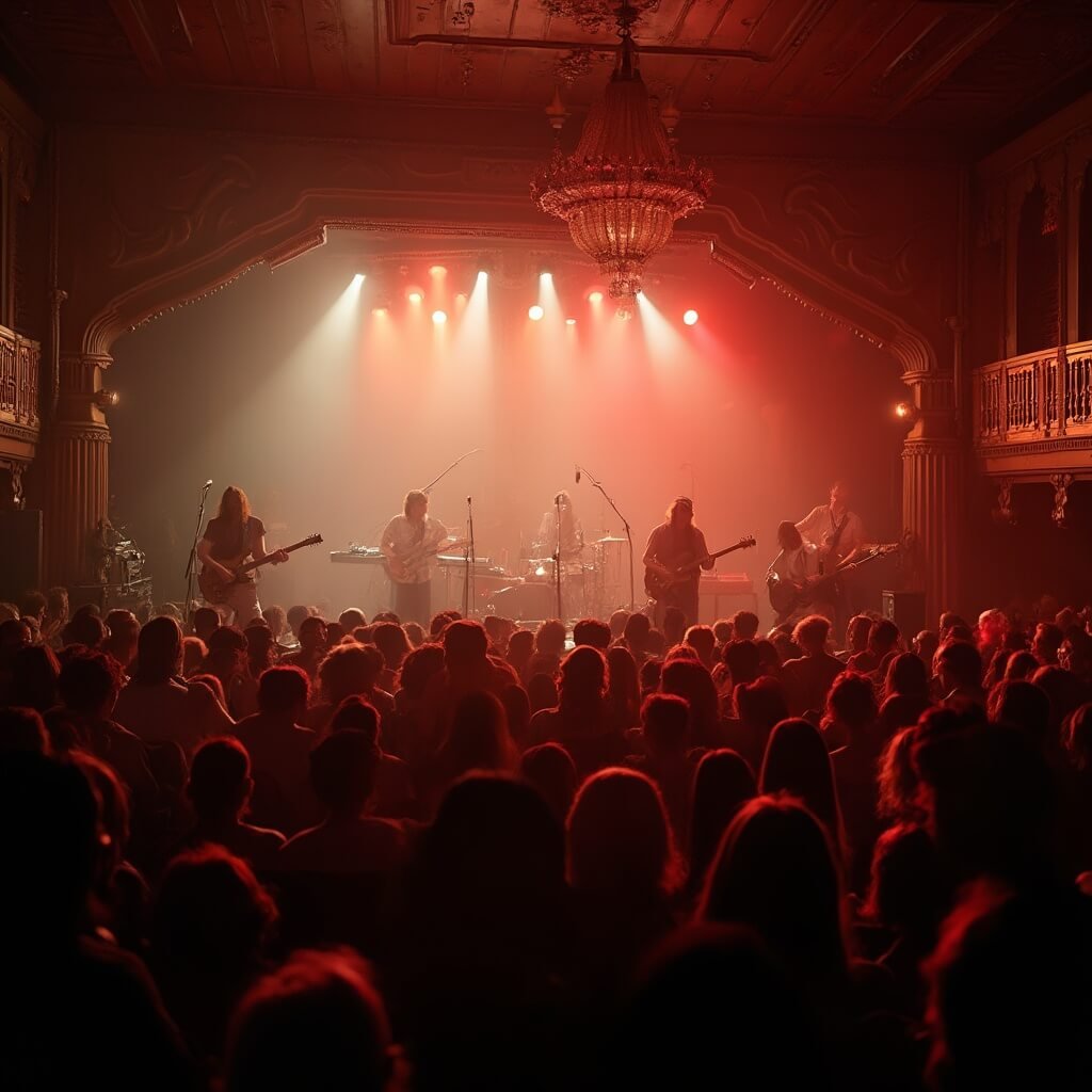 Vintage indie rock band performing passionately in the warm stage lighting of the Georgia Theatre, amidst wooden vintage interior, gleaming instruments, and a slightly gritty background crowd showcasing an authentic 1980s rock club aesthetic.