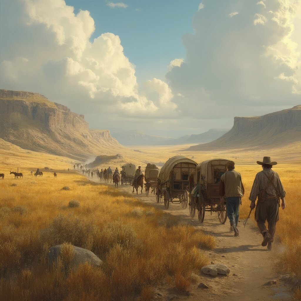 Fredericksburg, Texas: Where German Heritage Meets Wild West Charm German immigrant wagon train journeying across the Texas Hill Country with settlers in period clothing, wooden wagons filled with supplies, amidst golden grasslands and limestone hills under a dramatic cloudy sky during early morning