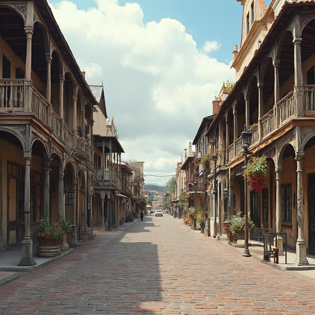 Fredericksburg, Texas: Where German Heritage Meets Wild West Charm Historic Main Street in a German-Texan town featuring 19th-century limestone buildings, ornate wooden balconies, red tiled roofs, half-timbered construction, cobblestone paths, iron lampposts, flower boxes under arched windows, and heritage storefronts under a partly cloudy sky