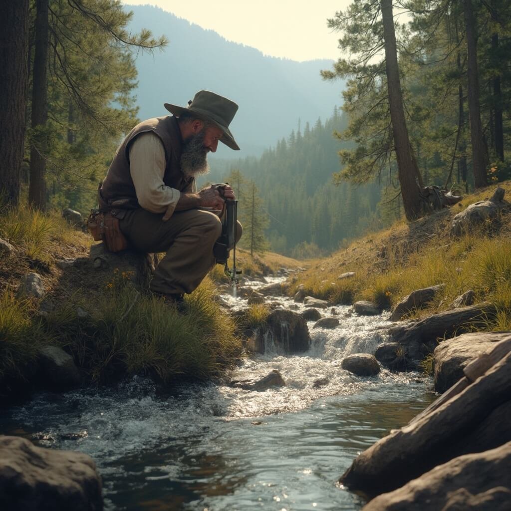 Dahlonega: Where Gold's Glimmer Meets Mountain Majesty 19th-century gold prospector panning in a clear stream amidst an Appalachian forest with sunlight through pine trees, period-accurate clothing and mining equipment visible, with a dramatic mountain landscape in the background.