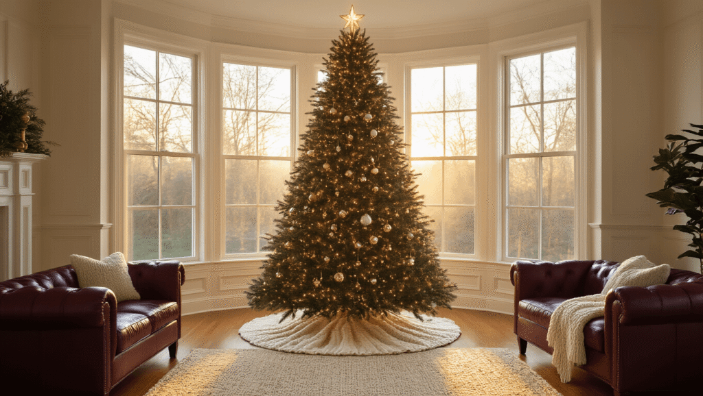 The Ultimate Guide to Christmas Trees: Bringing Holiday Magic Home A beautifully decorated 9-foot Fraser fir Christmas tree in a warm, sunlit living room with honey-toned hardwood floors, featuring vintage glass ornaments and cozy burgundy leather furniture, all enhanced by a chunky cream knit tree skirt and elegant crown molding.