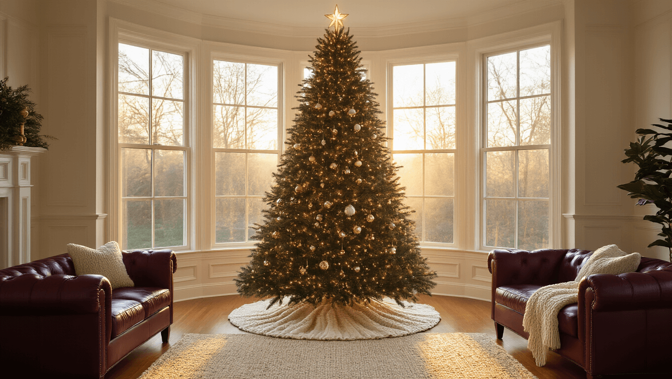 A beautifully decorated 9-foot Fraser fir Christmas tree in a warm, sunlit living room with honey-toned hardwood floors, featuring vintage glass ornaments and cozy burgundy leather furniture, all enhanced by a chunky cream knit tree skirt and elegant crown molding.