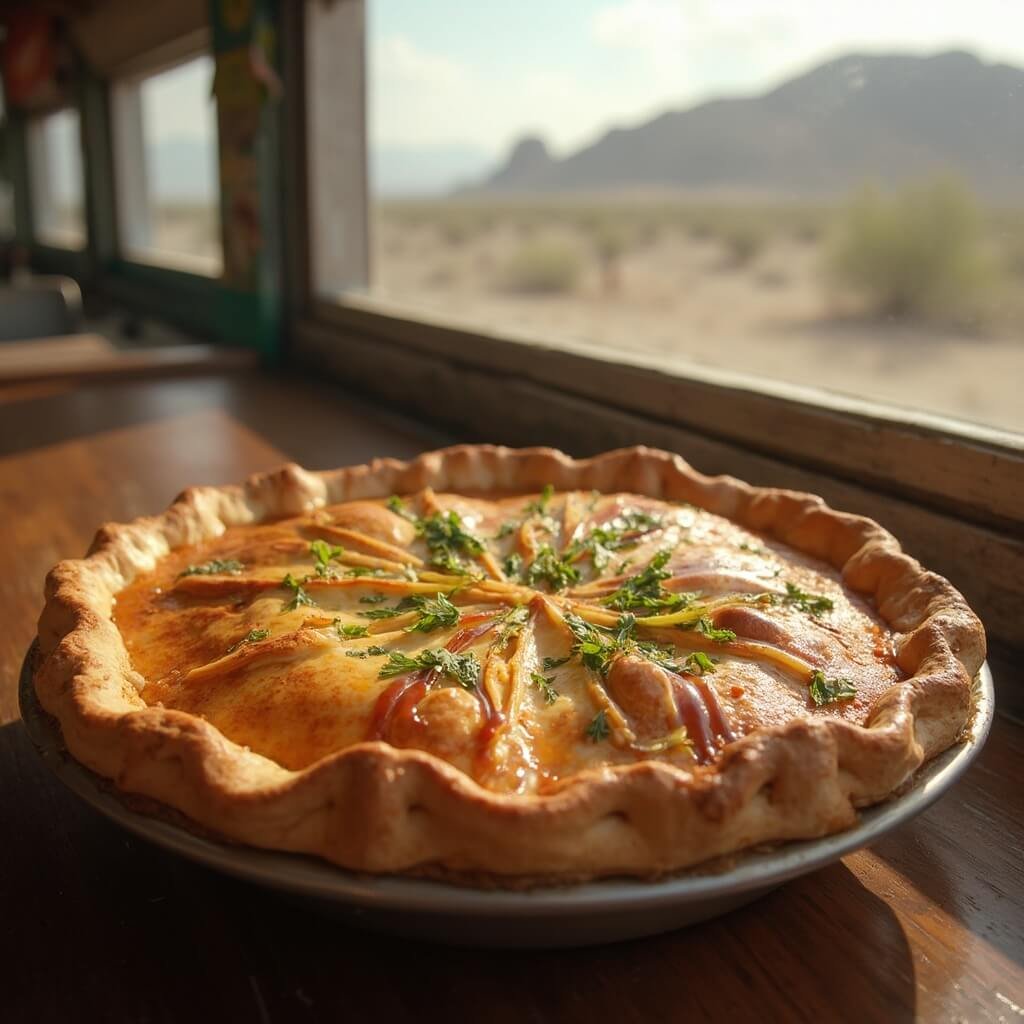 Traditional homemade pie with golden-brown crust and green chile topping on a wooden diner counter, desert landscape in the background