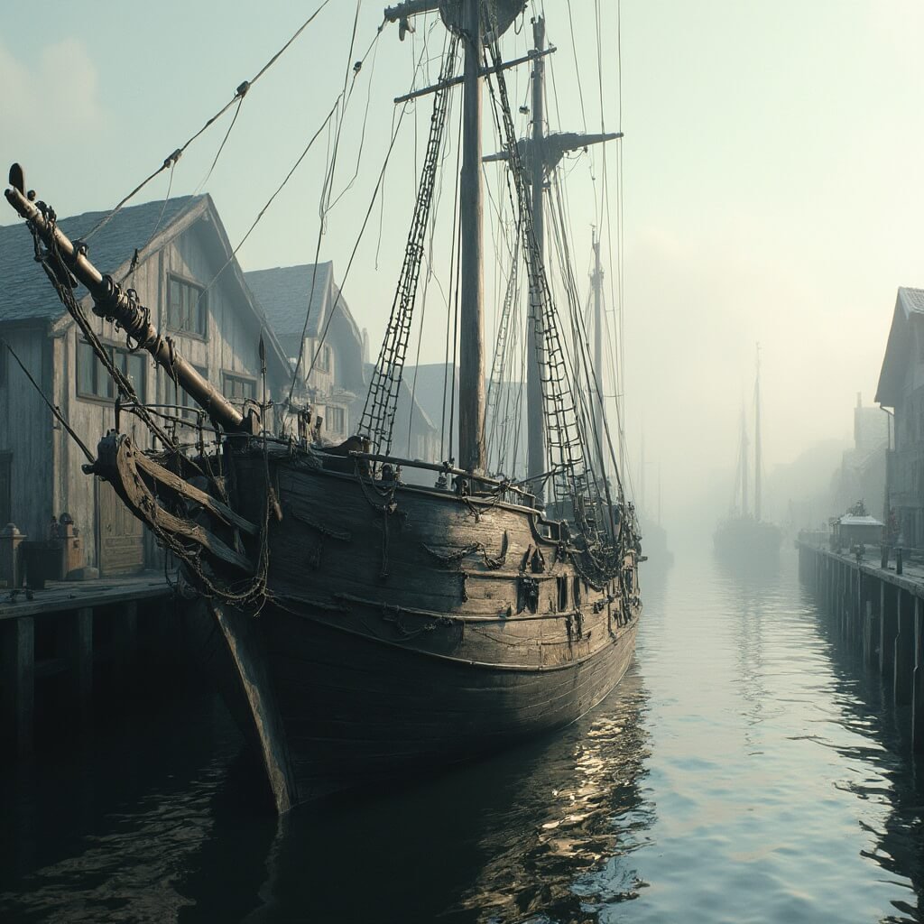 19th century wooden whaling ship at a dock in an empty historical maritime village, under soft morning light with a misty river in the background