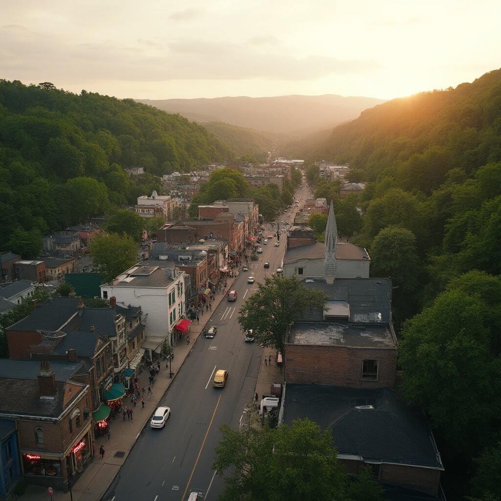 10 Mind-Blowing Small Towns with Food Scenes That'll Make Big Cities Drool Aerial view of Lewisburg, West Virginia at sunset showcasing its historic downtown, local restaurants, and architectural rooftops amidst green Appalachian landscape
