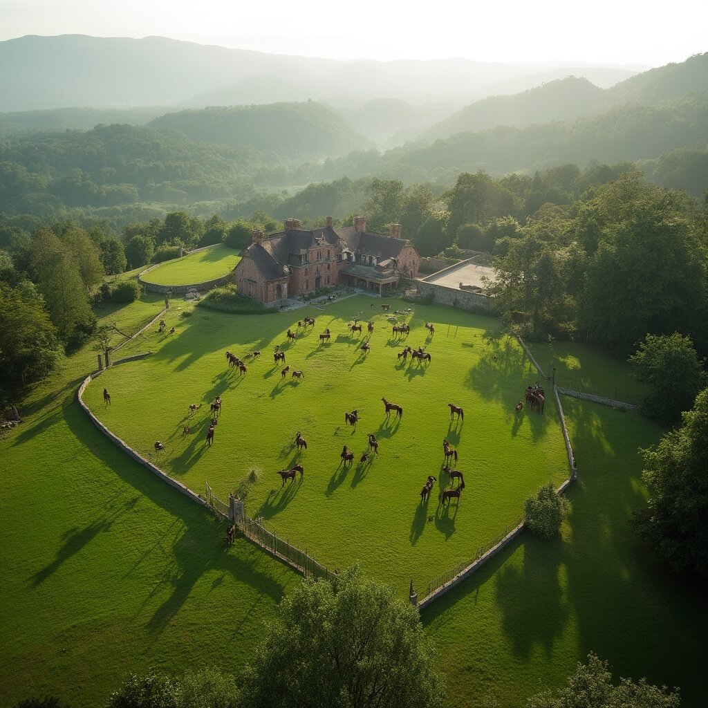 Middleburg, Virginia: Where Horses Gallop and Wines Flow – Your Ultimate Insider's Guide Aerial view of equestrian estate in Loudoun County, Virginia with grazing horses, rolling green hills, stone fences, red brick farmhouses, and distant blue ridge mountains in morning light