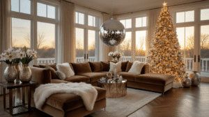 Magical Christmas Decor Ideas for 2025: Transform Your Home into a Festive Wonderland A luxurious living room at golden hour featuring a 9-foot disco ball Christmas tree adorned with metallic and crystal ornaments, mocha velvet sectional with cream and silver throws, and clustered mercury glass vases with white amaryllis, all set on herringbone hardwood floors with a plush cream area rug.