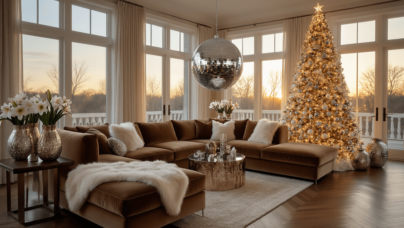 A luxurious living room at golden hour featuring a 9-foot disco ball Christmas tree adorned with metallic and crystal ornaments, mocha velvet sectional with cream and silver throws, and clustered mercury glass vases with white amaryllis, all set on herringbone hardwood floors with a plush cream area rug.