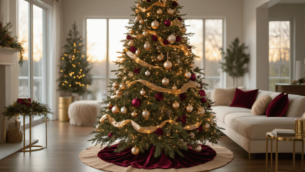 Christmas Tree Trends 2025: Transform Your Holiday Decor with Stunning Style A luxurious 9-foot Fraser fir Christmas tree adorned with metallic ornaments and burgundy velvet ribbons, set in a modern living room during golden hour, with warm LED lights, a textured burlap tree skirt, and stylish decor, creating a cozy and sophisticated holiday atmosphere.
