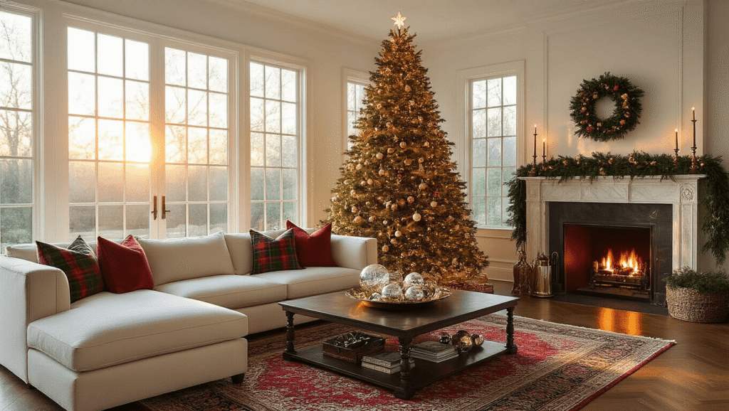 Transforming Your Home into a Christmas Wonderland: A Comprehensive Styling Guide A luxurious Christmas living room featuring a tall noble fir tree decorated with vintage ornaments, a cream sectional sofa with plaid pillows, a marble mantel with candles, and warm golden hour sunlight streaming through large windows.