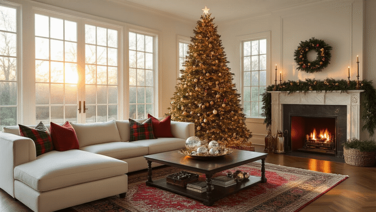 Transforming Your Home into a Christmas Wonderland: A Comprehensive Styling Guide A luxurious Christmas living room featuring a tall noble fir tree decorated with vintage ornaments, a cream sectional sofa with plaid pillows, a marble mantel with candles, and warm golden hour sunlight streaming through large windows.