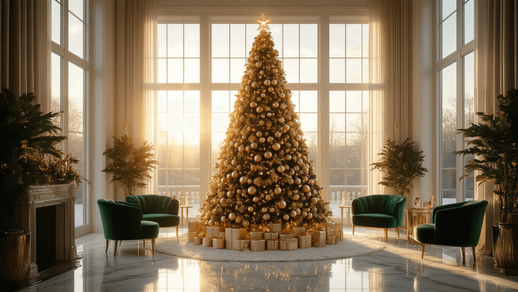 Mastering the Christmas Tree Aesthetic: Your Ultimate 2025 Styling Guide A photorealistic interior scene featuring a majestic 9-foot Christmas tree adorned with champagne and rose gold ornaments, crystal teardrops, and warm white lights, illuminated by golden hour sunlight streaming through floor-to-ceiling windows, with emerald velvet furniture and marble floors reflecting the luxurious holiday aesthetic.