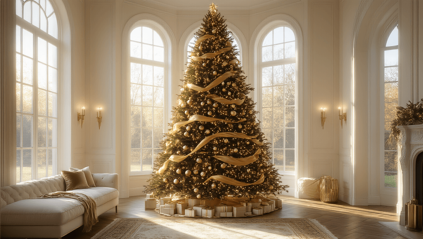 A photorealistic image of a grand living room at golden hour, featuring a majestic 12-foot noble fir Christmas tree decorated with warm gold ribbons and champagne ornaments, illuminated by micro LED lights, with Venetian plaster walls and herringbone oak floors.