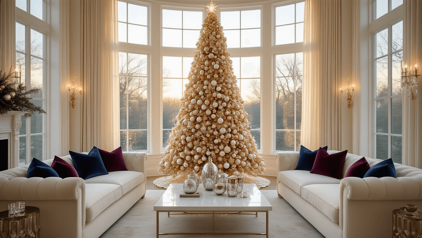 A luxurious Christmas living room featuring a 12-foot champagne gold tree with crystal and platinum ornaments, cream velvet sofas, a white marble coffee table, and rich marine blue and burgundy pillows, all illuminated by warm ambient lighting and soft natural light.