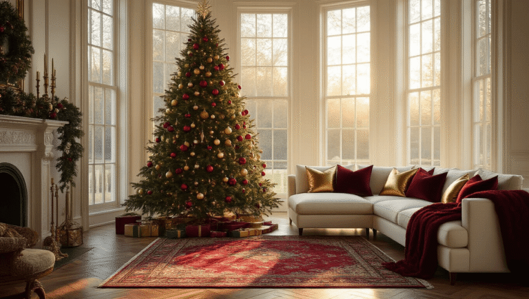 Transform Your Living Room into a Magical Christmas Haven A luxurious living room during golden hour, featuring a majestic 9ft noble fir Christmas tree adorned with vintage glass ornaments, warm sunlight streaming through floor-to-ceiling windows, a plush cream sectional sofa with burgundy and gold accents, and a vintage Persian rug, all enhanced by twinkling fairy lights and rich textures.