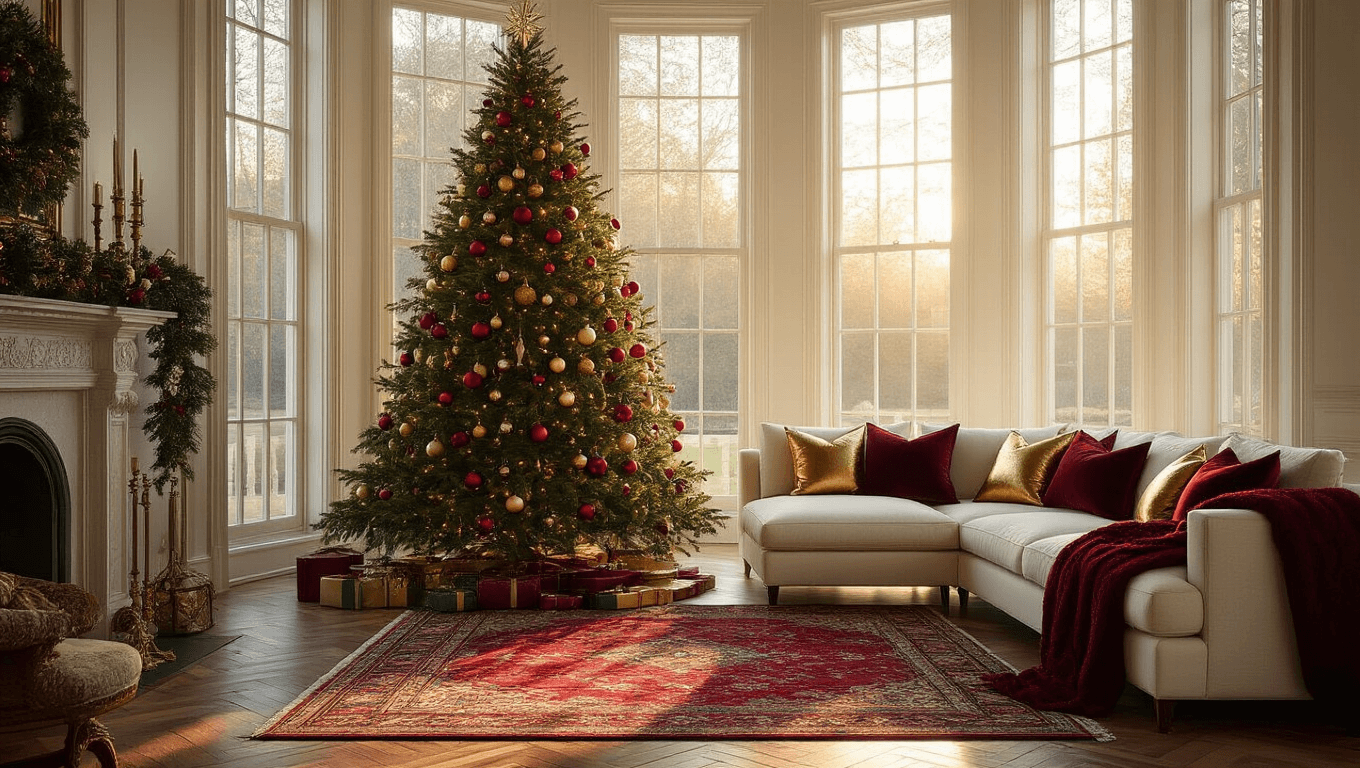 A luxurious living room during golden hour, featuring a majestic 9ft noble fir Christmas tree adorned with vintage glass ornaments, warm sunlight streaming through floor-to-ceiling windows, a plush cream sectional sofa with burgundy and gold accents, and a vintage Persian rug, all enhanced by twinkling fairy lights and rich textures.