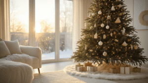 Magical Christmas Tree Decorations 2025: Your Ultimate Style Guide Cinematic ultra-wide shot of a Nordic Christmas tree in a minimalist living room, adorned with wooden ornaments and warm lights, surrounded by a white faux fur skirt, with golden morning light streaming through floor-to-ceiling windows.