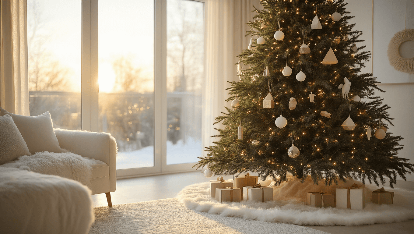 Cinematic ultra-wide shot of a Nordic Christmas tree in a minimalist living room, adorned with wooden ornaments and warm lights, surrounded by a white faux fur skirt, with golden morning light streaming through floor-to-ceiling windows.