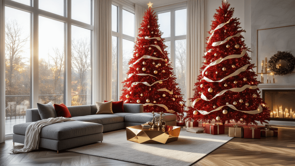 Bold & Bright: How to Style a Red Christmas Tree Like a Pro A contemporary living room showcasing a glossy red Christmas tree adorned with ornate gold baubles and ivory ribbons, illuminated by warm LED lights, with afternoon sunlight streaming through large windows, featuring modern furniture and a cozy winter atmosphere.