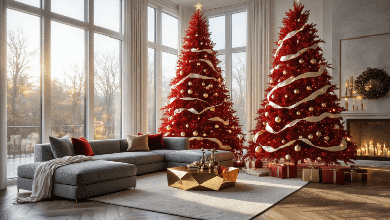 Bold & Bright: How to Style a Red Christmas Tree Like a Pro A contemporary living room showcasing a glossy red Christmas tree adorned with ornate gold baubles and ivory ribbons, illuminated by warm LED lights, with afternoon sunlight streaming through large windows, featuring modern furniture and a cozy winter atmosphere.