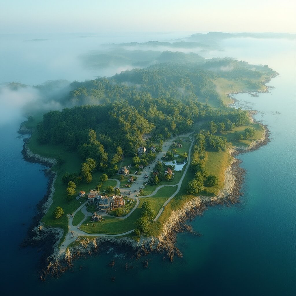 Mackinac Island: The Time-Travelling Escape That Will Blow Your Mind (No DeLorean Required) Aerial view of Mackinac Island with Victorian buildings, horse-drawn carriages, no cars, and morning mist over the landscape