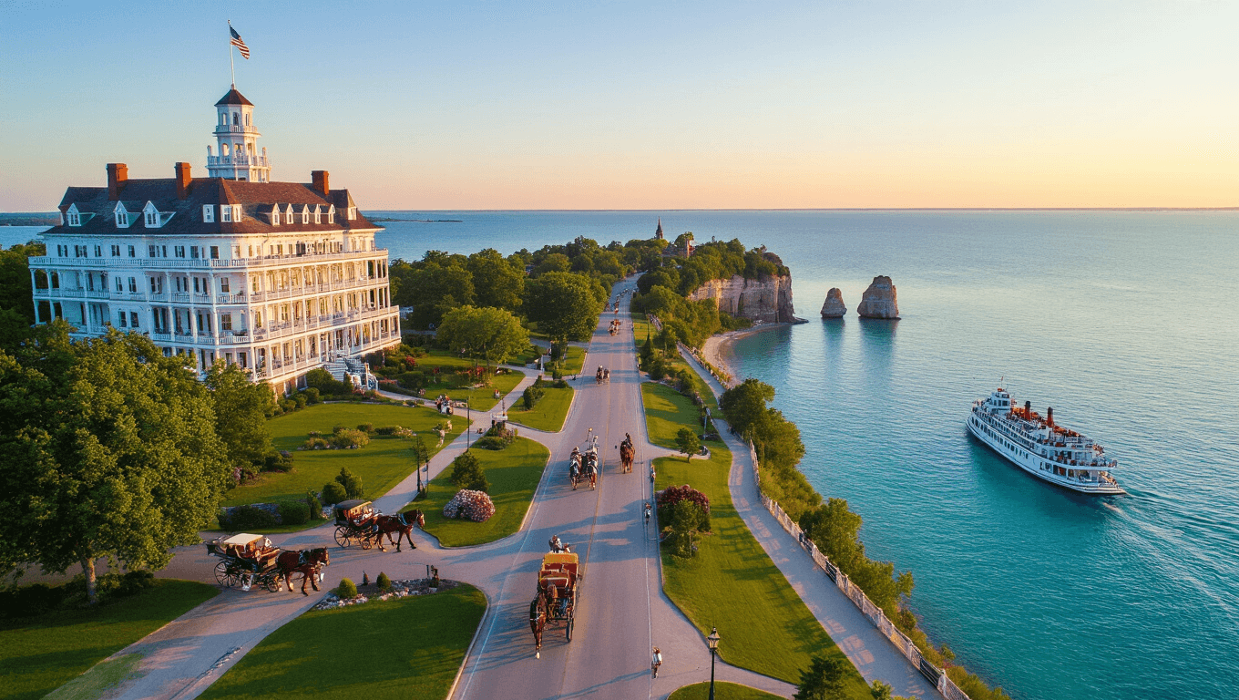 "Aerial view of Mackinac Island at golden hour featuring horse-drawn carriages, the Grand Hotel, Fort Mackinac, Arch Rock, and a ferry approaching the harbor against backdrop of Lake Huron."