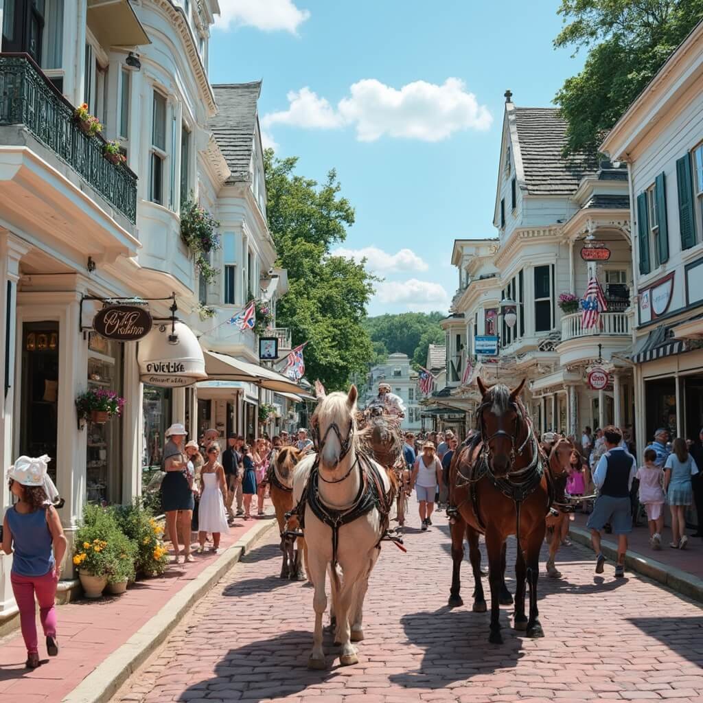 America's Hidden Treasures: 6 Small-Town Main Streets That Will Blow Your Mind Main Street on Mackinac Island with horse-drawn carriages, Victorian-era storefronts, tourists in period clothing, and blooming flower boxes creating a 19th-century atmosphere
