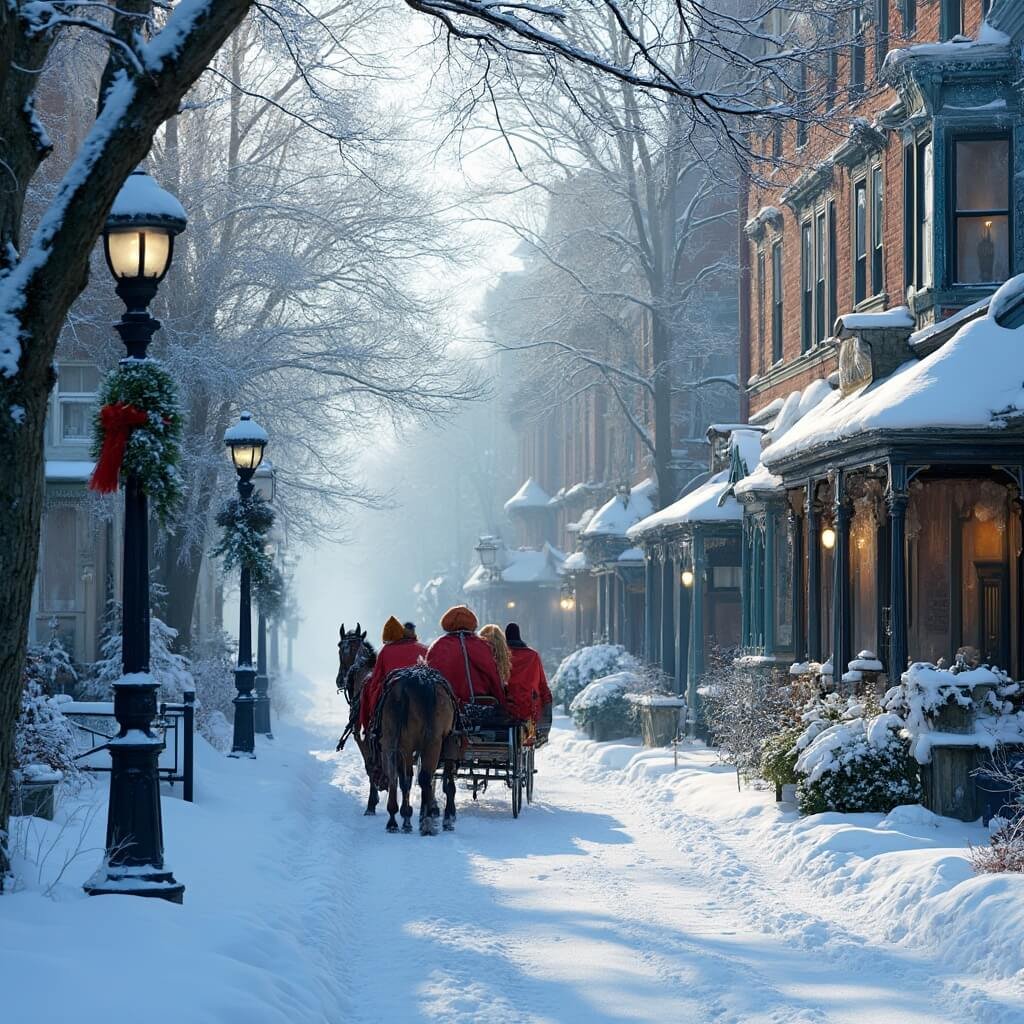 Mackinac Island: The Time-Travelling Escape That Will Blow Your Mind (No DeLorean Required) Horse-drawn sleigh on a snow-covered Mackinac Island street lined with historic colonial buildings and decorated lamp posts, under a late afternoon winter light.