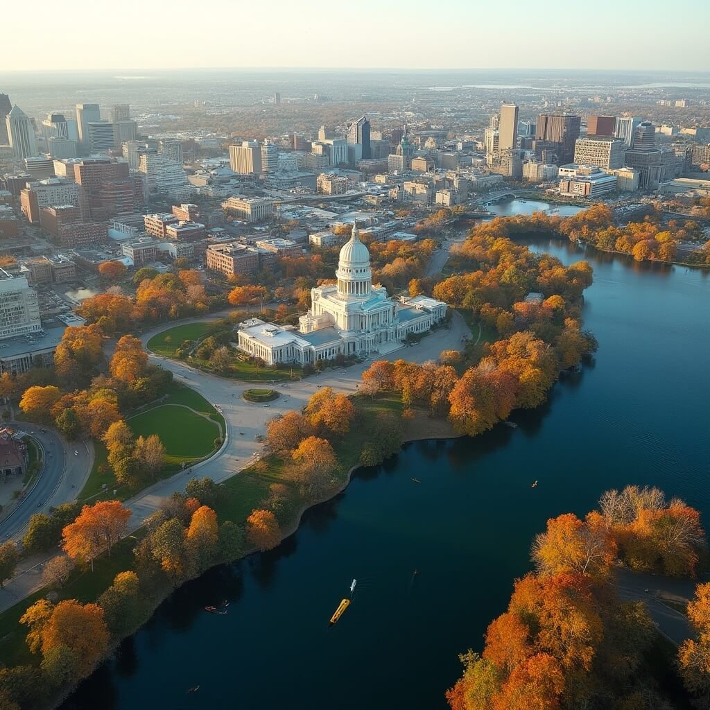 5 College Towns in the U.S. That Are Perfect for Your Next Weekend Escape Aerial panorama of downtown Madison with State Capitol, autumn trees, lakes with kayakers, and detailed cityscape under clear sunlight