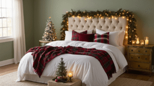 Transform Your Bedroom into a Magical Christmas Sanctuary Cinematic wide-angle shot of a cozy Christmas bedroom featuring a queen bed with white flannel sheets, burgundy velvet throws, and plaid pillows, adorned with warm fairy lights, a miniature Christmas tree, and a pine garland, creating a magical holiday atmosphere.