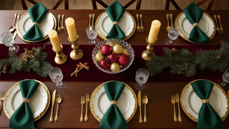 Magical Christmas Table Decor: Transform Your Holiday Gathering with Stunning Centerpieces Elegant Christmas dining table set with a burgundy velvet runner, golden candles, emerald napkins, and crystal ornaments on a mahogany table, illuminated by warm chandelier light, creating a luxurious and festive atmosphere.