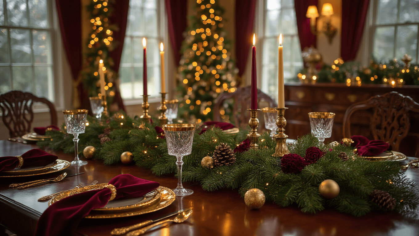 Opulent Christmas dining table with evergreen garland centerpiece, flickering brass candles, gold accents, deep crimson napkins, and glimmering crystal wine glasses, creating a warm and festive atmosphere.