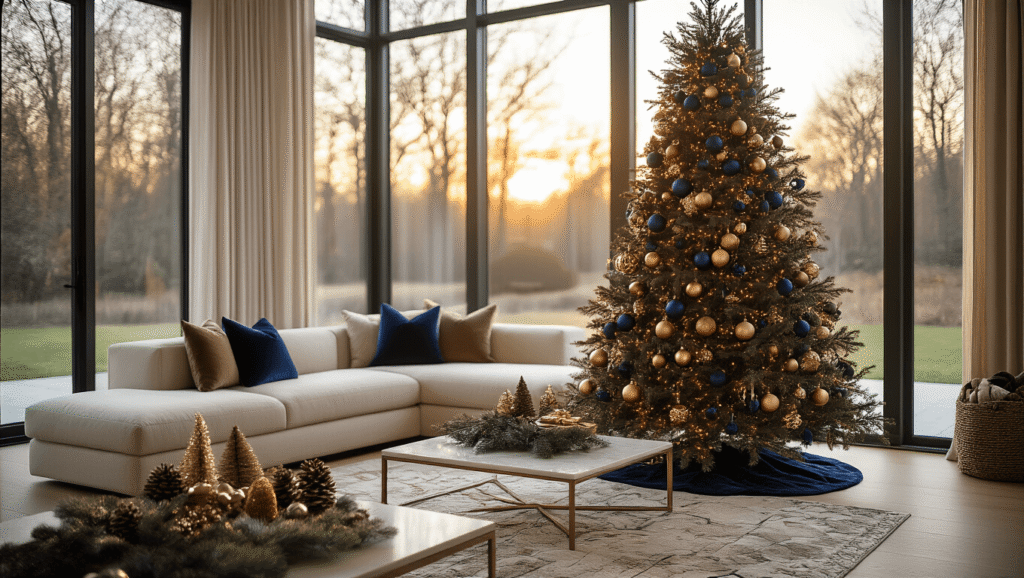 Magical Christmas Tree Decor: 2025 Trends That Will Transform Your Holiday Space Cinematic wide-angle shot of a modern living room featuring a luxurious Christmas tree adorned with mocha and navy ornaments and metallic gold accents, basking in warm golden hour light, with plush seating and rich textures.