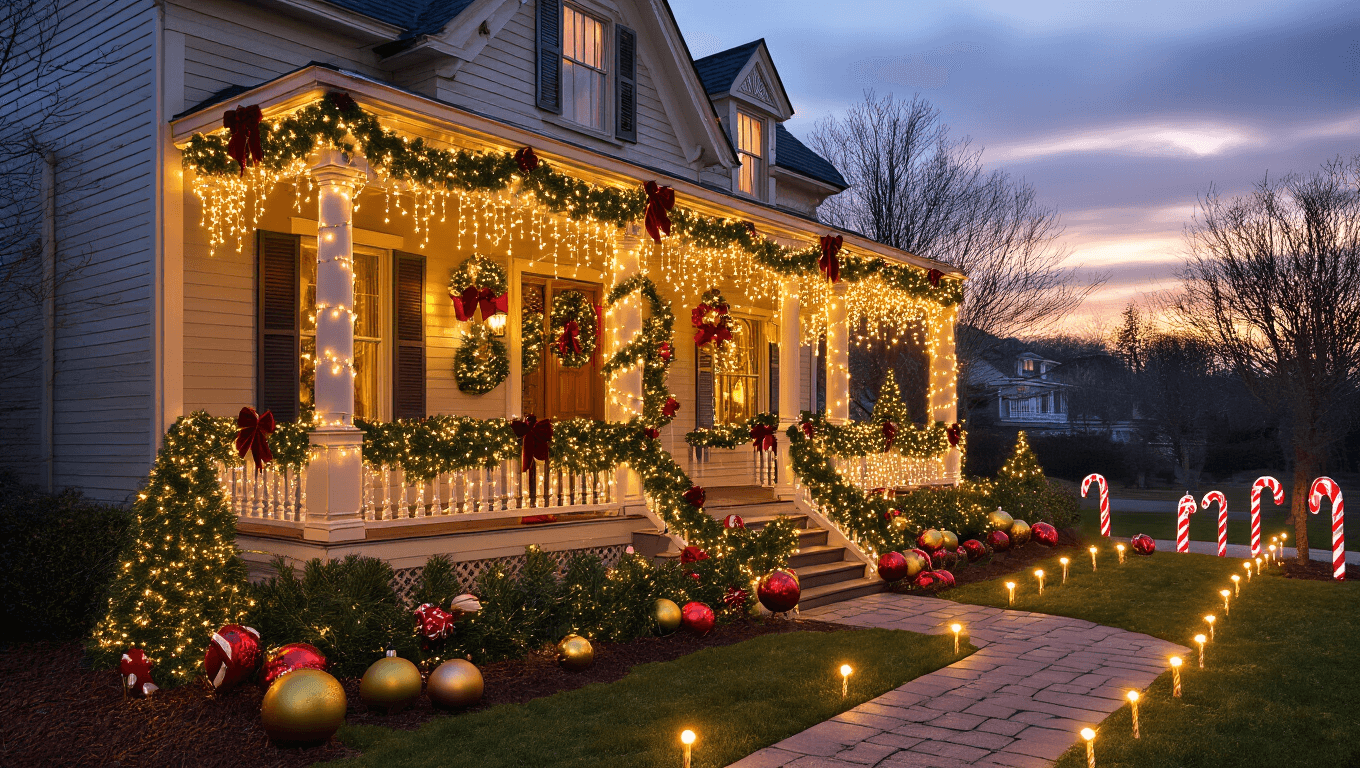 Cinematic wide-angle shot of a decorated suburban Christmas yard at twilight, featuring twinkling lights, elegant garlands, oversized ornaments, and a majestic inflatable snow globe, creating a festive and inviting atmosphere.