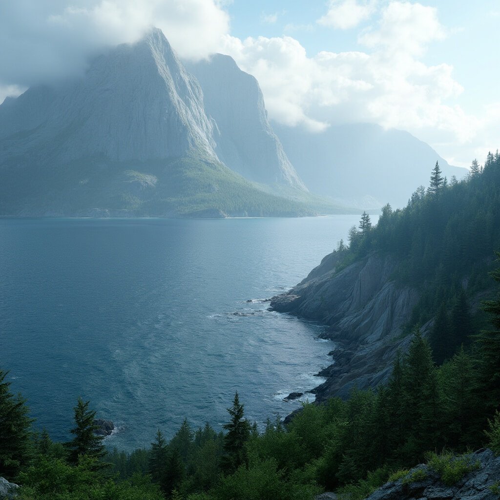 Unveiling Bar Harbor: Your Epic Coastal Adventure Starts Here Detailed landscape of Mount Desert Island, Maine, featuring dramatic granite peaks, the Atlantic Ocean, misty morning light, lush green forests, and rugged rocky coastline.
