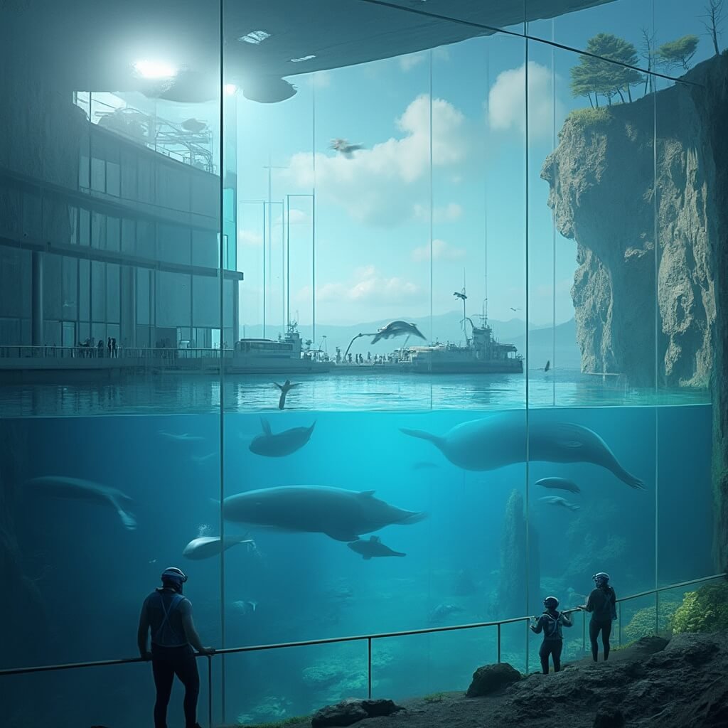 Conservation scientists working with beluga whales at a modern, glass-walled marine research facility, surrounded by scientific equipment, research vessels and natural lighting.