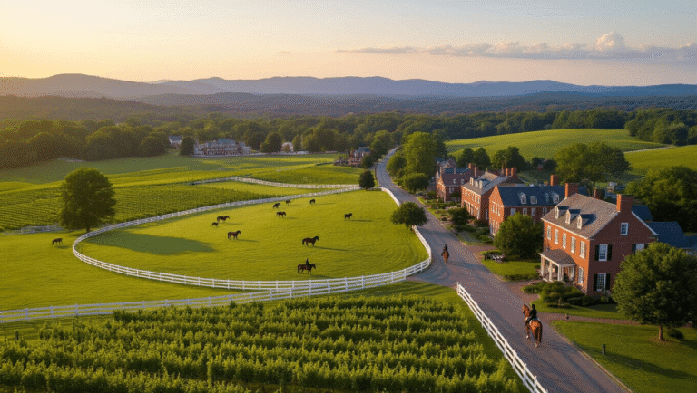 "Aerial view of Middleburg, Virginia countryside with green hills, horse pastures, colonial buildings, vineyards, Blue Ridge Mountains in the distance, and riders on horseback during golden hour"