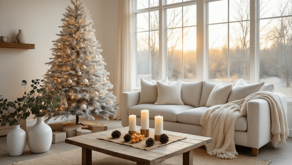 Minimalist Christmas Decor: Creating a Serene and Stylish Holiday Space A serene living room with a slim white Christmas tree adorned with clear glass ornaments and warm LED lights, a neutral linen sofa with chunky throws, a reclaimed walnut coffee table with candles and dried oranges, all bathed in golden hour light against soft white walls and gray hardwood floors.