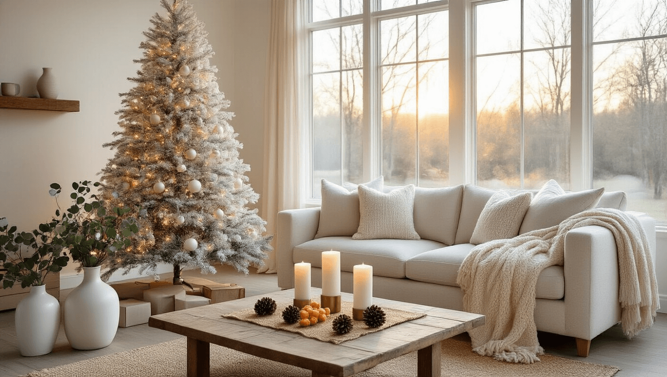 A serene living room with a slim white Christmas tree adorned with clear glass ornaments and warm LED lights, a neutral linen sofa with chunky throws, a reclaimed walnut coffee table with candles and dried oranges, all bathed in golden hour light against soft white walls and gray hardwood floors.