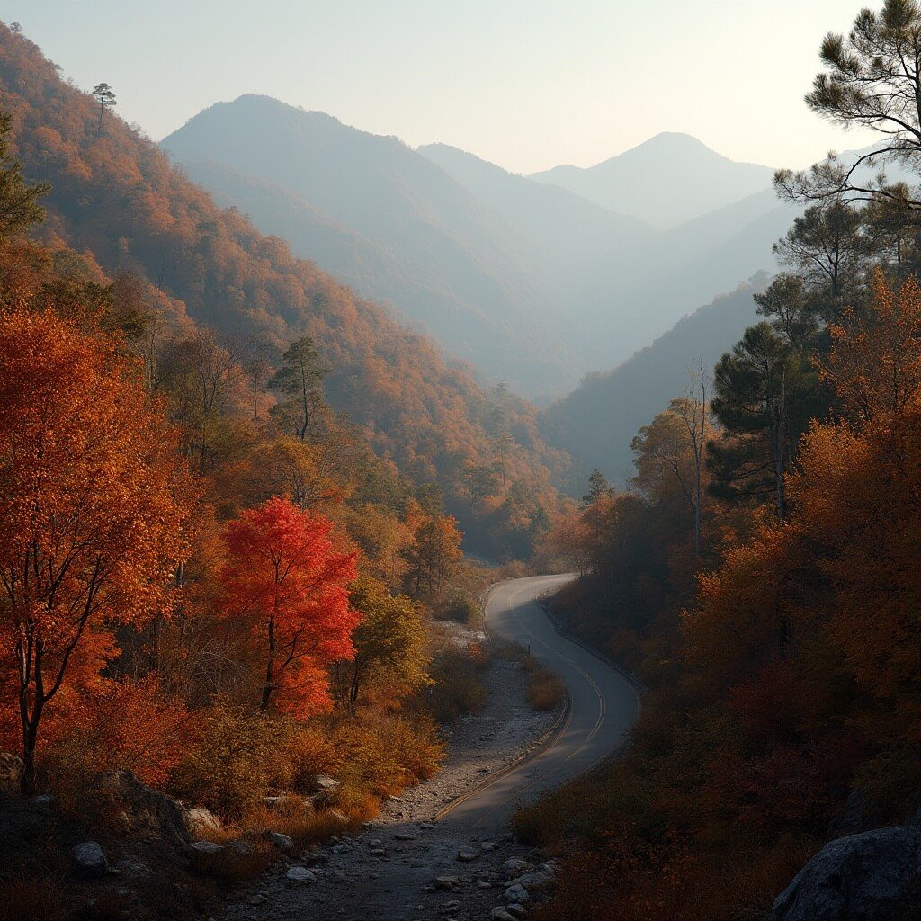 9 U.S. Small Towns That'll Transform Your Fall Travel Game Blue Ridge Mountains' panoramic view in peak autumn showcasing crimson and gold colors of foliage, misty forest, empty winding road, and distant mountain peaks in soft focus.