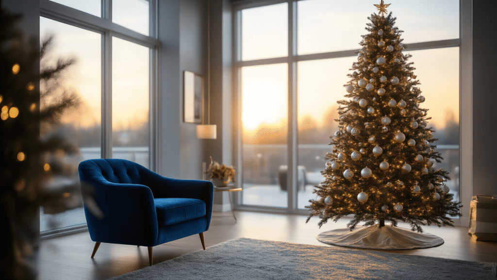 Christmas Tree Decorating in 2025: The Ultimate Guide to Festive Flair A spacious contemporary living room featuring a 7-foot silver Christmas tree adorned with hyper-detailed ornaments, illuminated by golden hour sunlight streaming through floor-to-ceiling windows, with a deep blue velvet armchair and warm grey walls, captured in a photorealistic style.