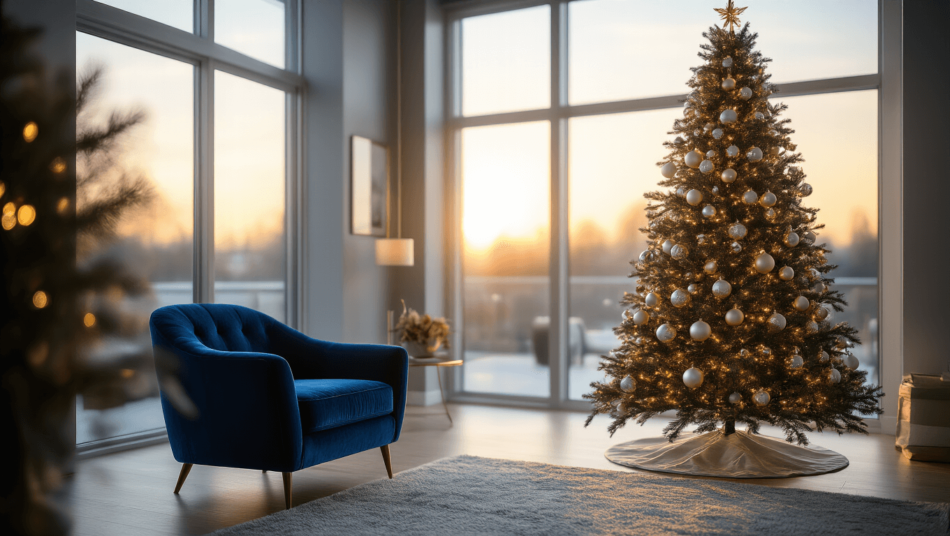 A spacious contemporary living room featuring a 7-foot silver Christmas tree adorned with hyper-detailed ornaments, illuminated by golden hour sunlight streaming through floor-to-ceiling windows, with a deep blue velvet armchair and warm grey walls, captured in a photorealistic style.