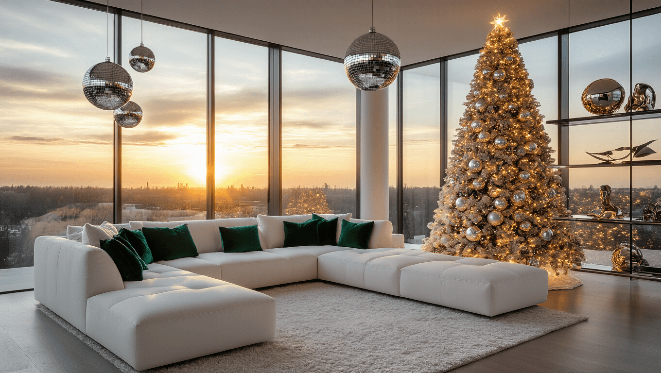 A luxurious modern Christmas living room featuring a large flocked Christmas tree with mirror ball ornaments, a plush L-shaped sectional sofa with jewel-toned pillows, and elegant metallic accents, illuminated by golden hour sunlight.