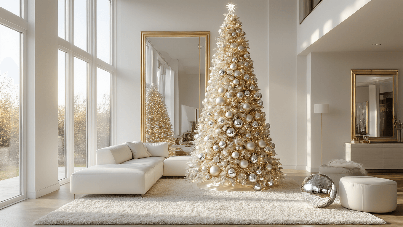 A luxurious contemporary living room featuring a 9-foot metallic Christmas tree decorated in champagne gold to platinum silver ombré, adorned with disco ball ornaments, with sunlight streaming through large windows and reflecting off elegant decor.