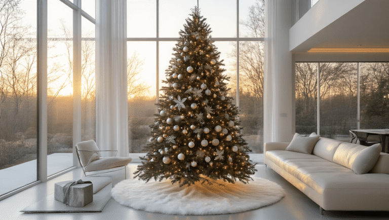 Deck the Halls: Your Ultimate Guide to Stunning Christmas Tree Themes A modern minimalist Christmas tree adorned with silver and white ornaments in a contemporary living room, featuring warm golden hour light, a plush white faux fur tree skirt, and elegant décor elements.