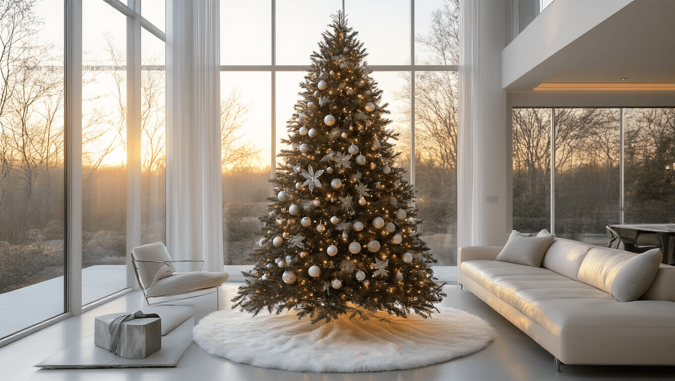 A modern minimalist Christmas tree adorned with silver and white ornaments in a contemporary living room, featuring warm golden hour light, a plush white faux fur tree skirt, and elegant décor elements.