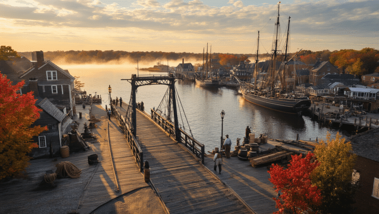 "Aerial view of Mystic, Connecticut's historic waterfront at golden hour featuring Bascule Drawbridge, Mystic River, 19th-century buildings, tall-masted sailing ships, craftsmen in period costume, and maritime artifacts framed by autumn foliage."
